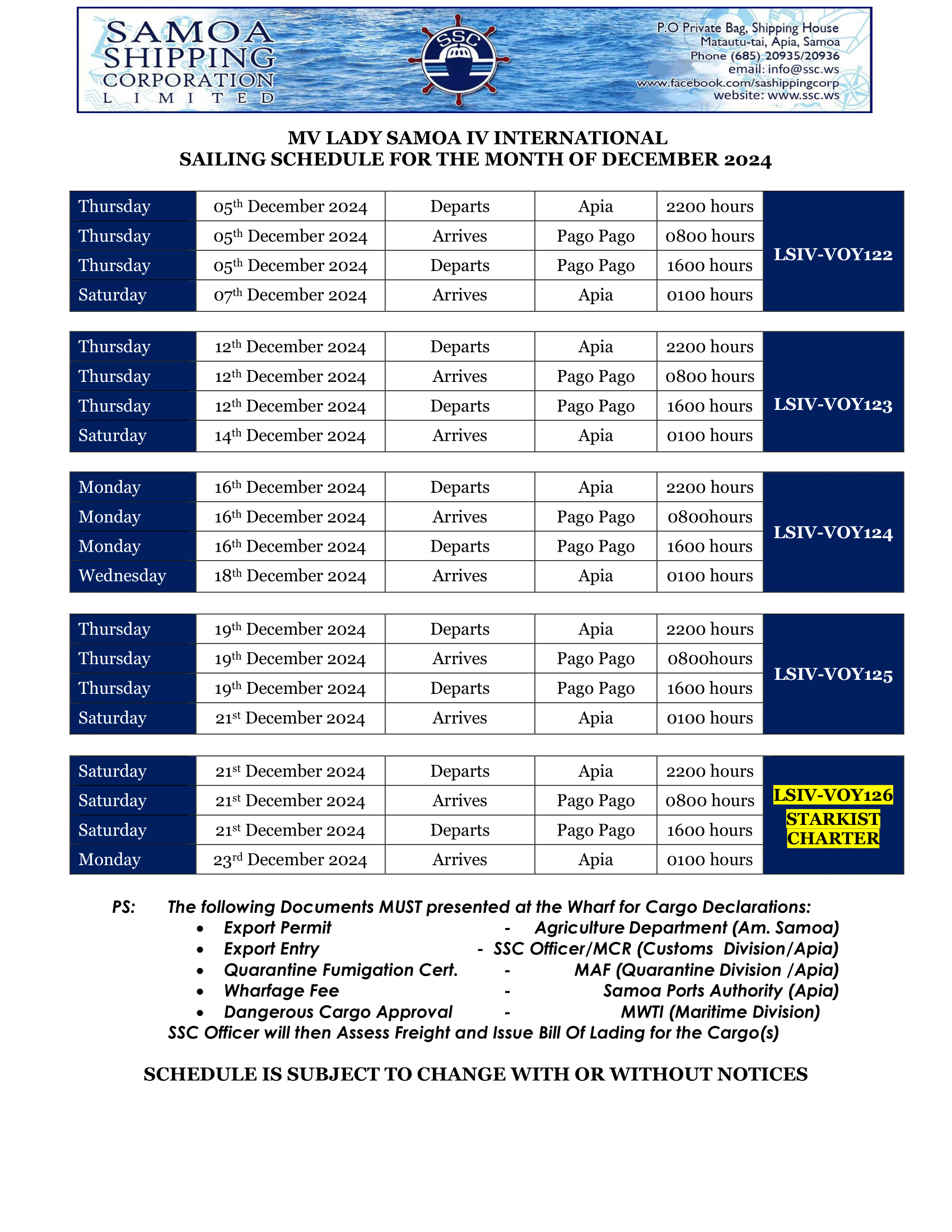Timetable & Fares | Samoa Shipping Corporation